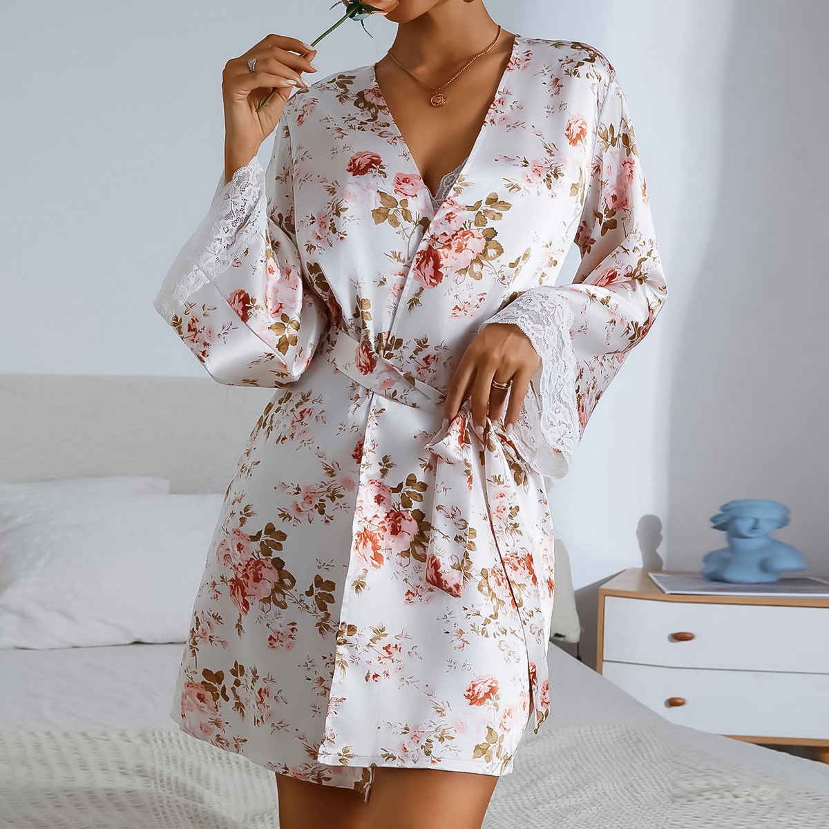 Floral Print Belted Satin Robe With Lingerie Set